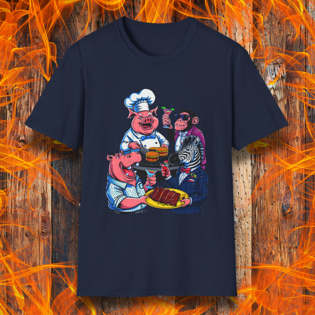 Navy T-shirt with a chef pig, chimpanzee, hippo, and zebra at a party passing around plates of delicious bbq and burgers, and drinking cocktails.
