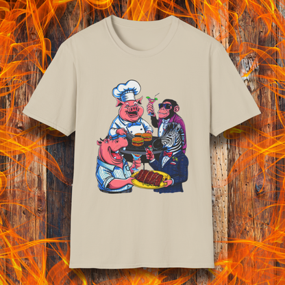 Sand T-shirt with a chef pig, chimpanzee, hippo, and zebra at a party passing around plates of delicious bbq and burgers, and drinking cocktails.
