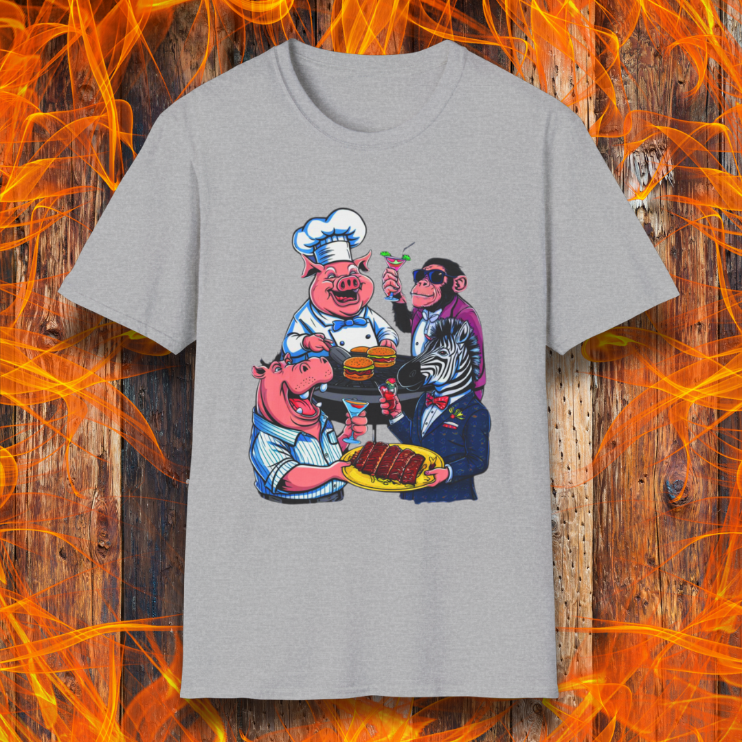 Sport Grey T-shirt with a chef pig, chimpanzee, hippo, and zebra at a party passing around plates of delicious bbq and burgers, and drinking cocktails.