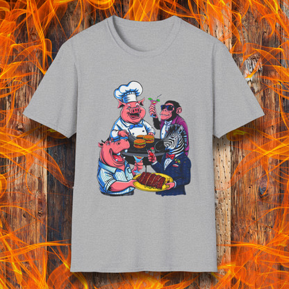 Sport Grey T-shirt with a chef pig, chimpanzee, hippo, and zebra at a party passing around plates of delicious bbq and burgers, and drinking cocktails.