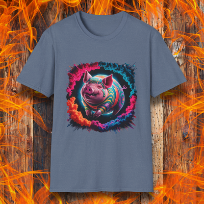 Heather Indigo  T-shirt featuring a vibrant, psychedelic pig design surrounded by a colorful smoke effect. A bold and eye-catching statement piece for BBQ lovers and fans of unique, artistic apparel.
