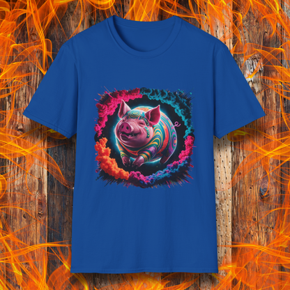 Royal Blue  T-shirt featuring a vibrant, psychedelic pig design surrounded by a colorful smoke effect. A bold and eye-catching statement piece for BBQ lovers and fans of unique, artistic apparel.