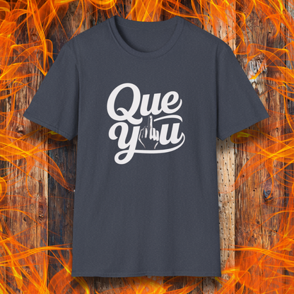 Navy blue t-shirt with 'Que y u' text on a fiery background