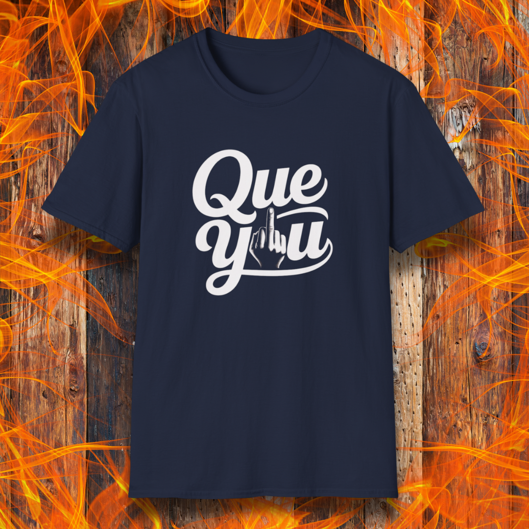 Navy blue t-shirt with 'Que y u' text on a fiery background
