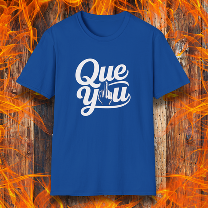 Blue t-shirt with 'Que y u' text on a wooden background with flames