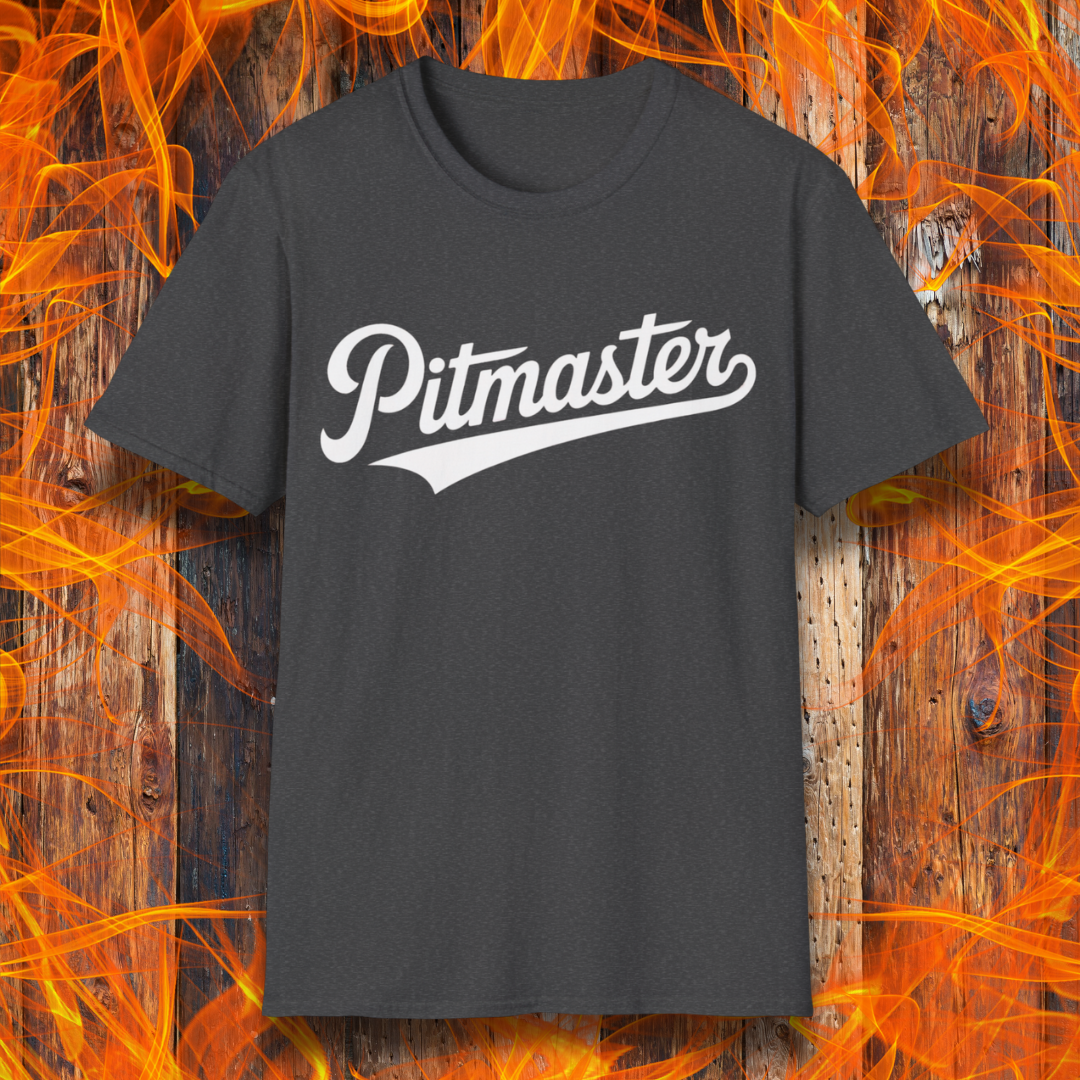 Dark Heather  t-shirt with 'Pitmaster' text on a wooden background with flames