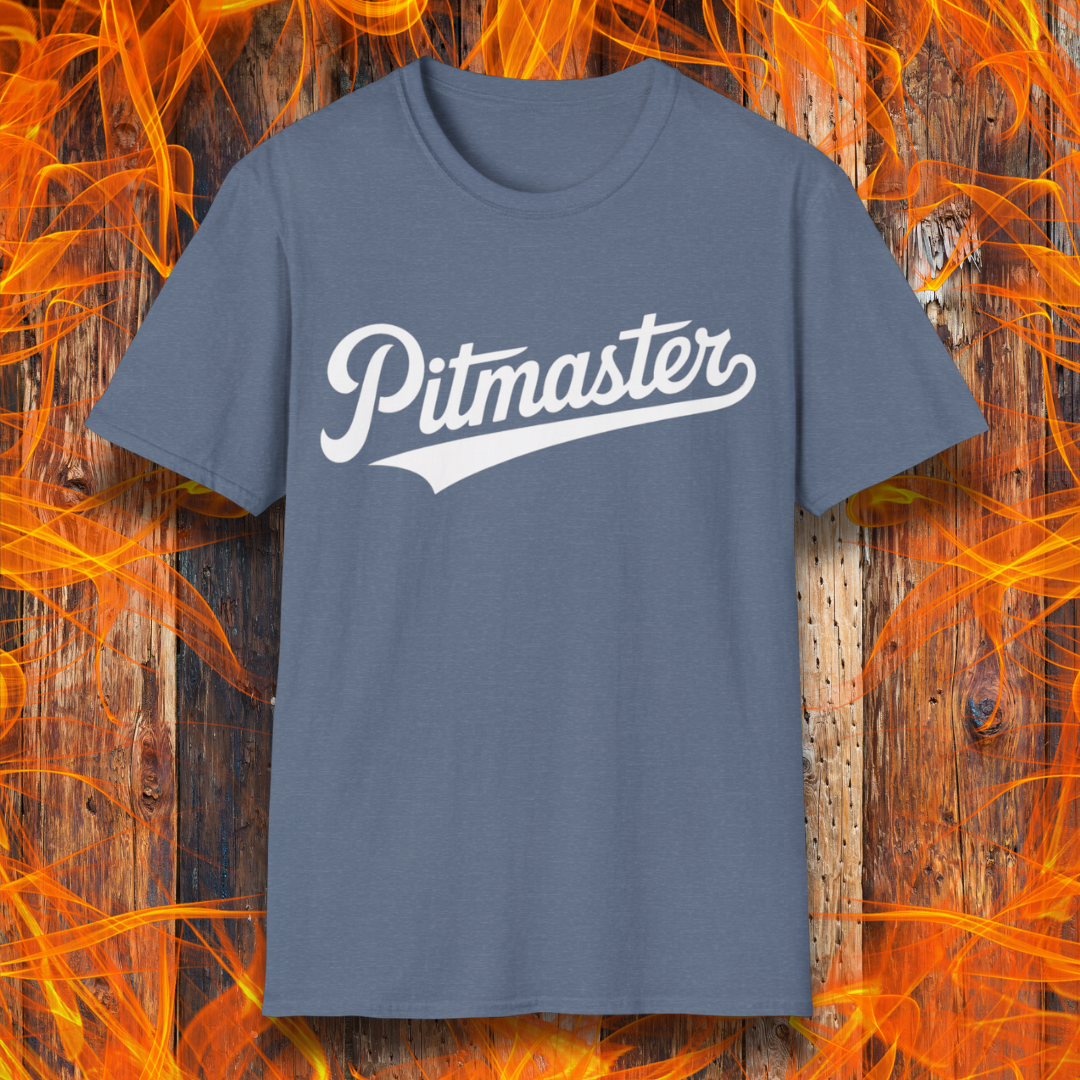 Heather Indigo t-shirt with 'Pitmaster' text on a fiery background