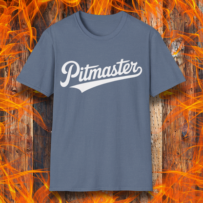 Heather Indigo t-shirt with 'Pitmaster' text on a fiery background