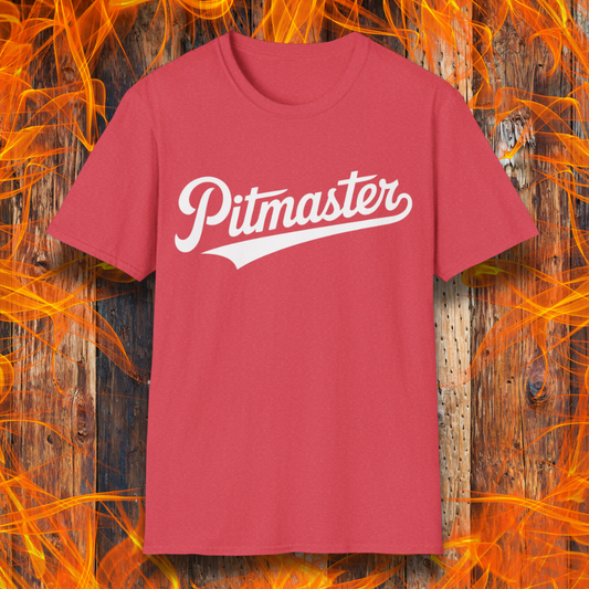 Heather Red t-shirt with 'Pitmaster' text on a wooden background with flames.
