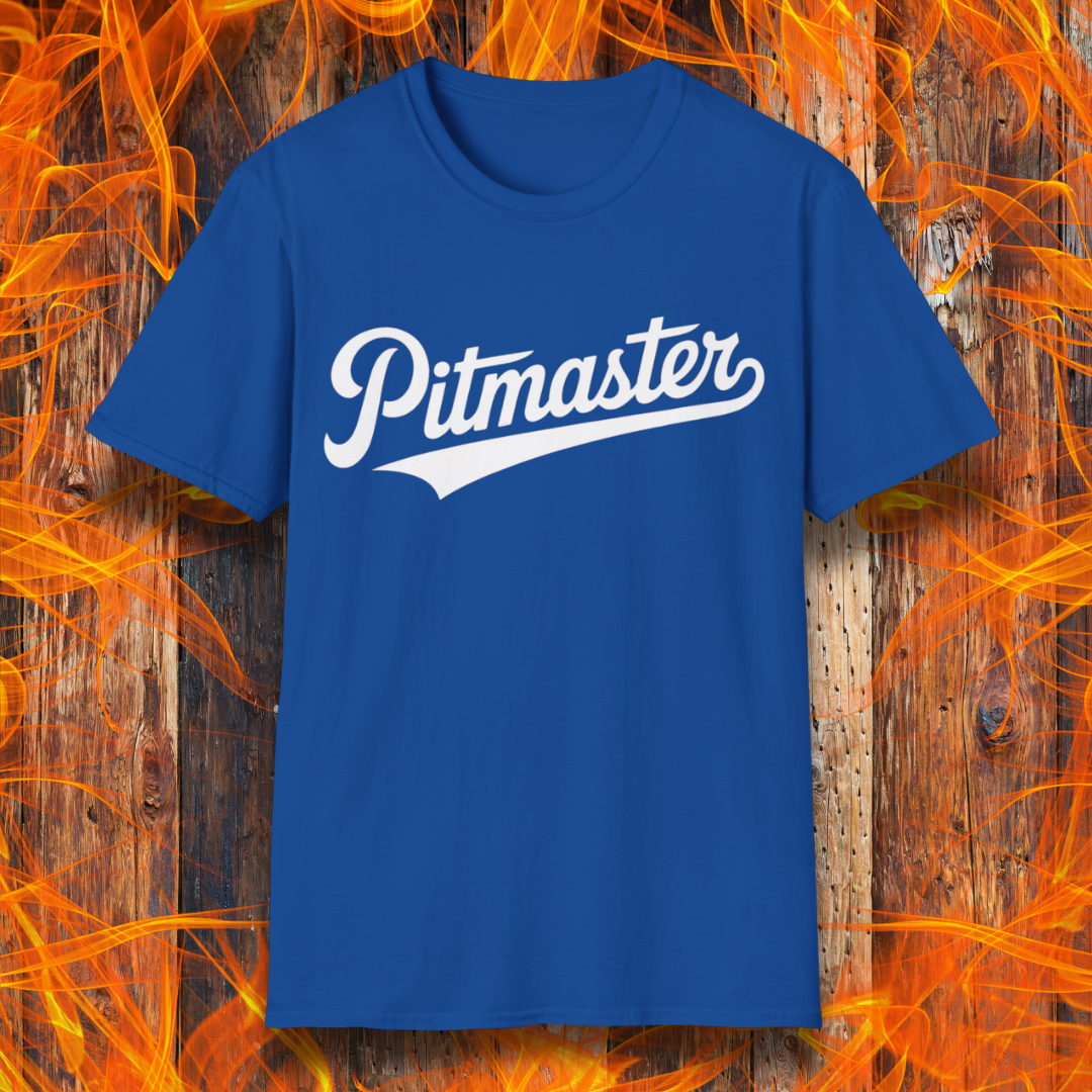 Royal Blue t-shirt with 'Pitmaster' text on a wooden background with flames.