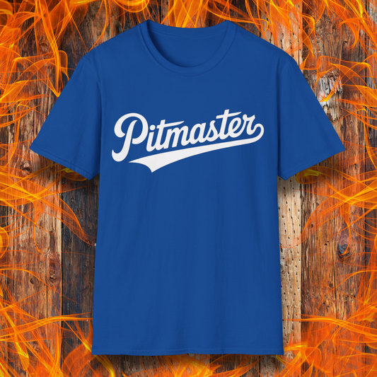 Royal Blue t-shirt with 'Pitmaster' text on a wooden background with flames.