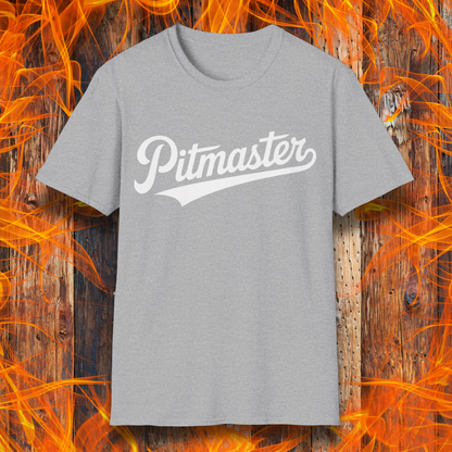 Gray t-shirt with 'Pitmaster' text on a fiery background
