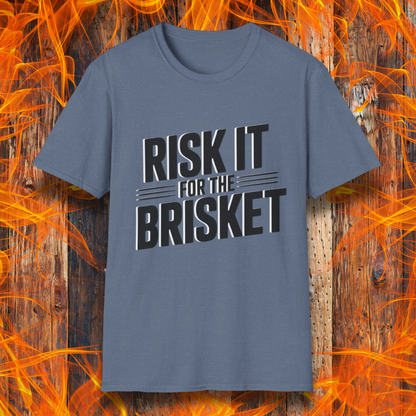 Blue t-shirt with 'RISK IT FOR THE BRISKET' text on a fiery background