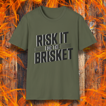 Green t-shirt with 'RISK IT FOR THE BRISKET' text on a fiery background