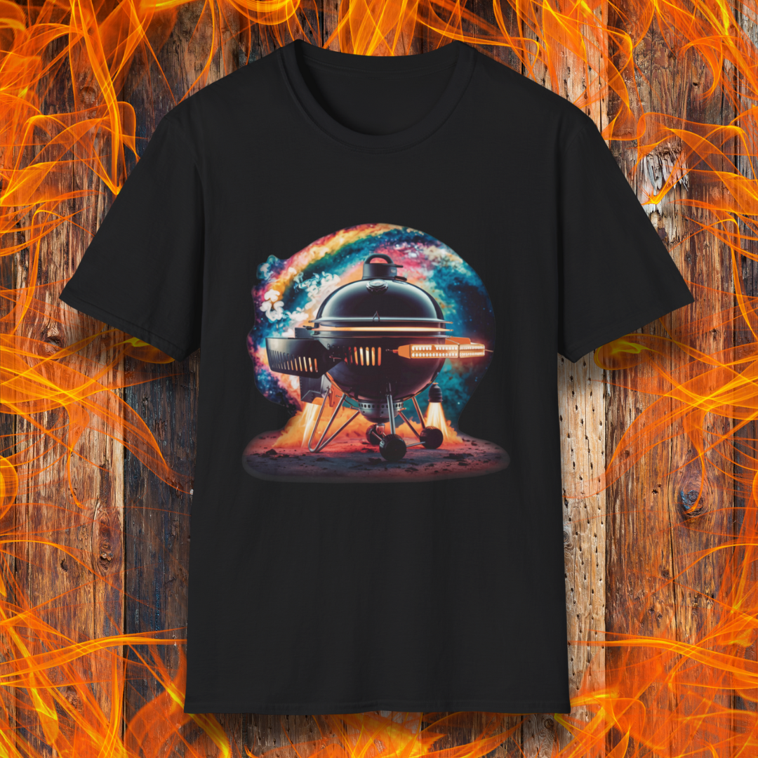 Black T-shirt featuring a futuristic BBQ kettle grill designed like a rocket ship, with glowing thrusters, steam, and a cosmic background. A perfect design for BBQ lovers with a passion for sci-fi and grilling.