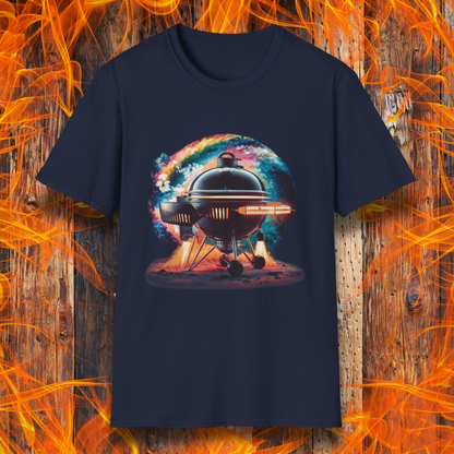 Navy T-shirt featuring a futuristic BBQ kettle grill designed like a rocket ship, with glowing thrusters, steam, and a cosmic background. A perfect design for BBQ lovers with a passion for sci-fi and grilling.