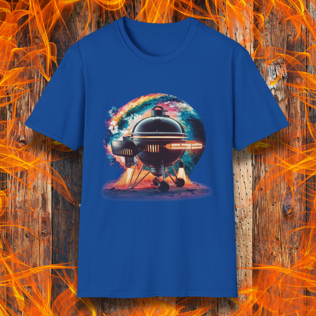 Royal Blue T-shirt featuring a futuristic BBQ kettle grill designed like a rocket ship, with glowing thrusters, steam, and a cosmic background. A perfect design for BBQ lovers with a passion for sci-fi and grilling.