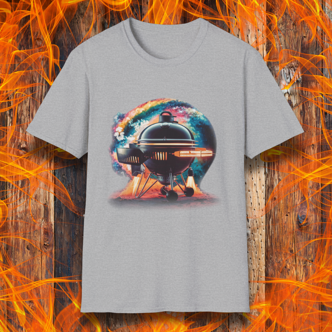 Sport Grey T-shirt featuring a futuristic BBQ kettle grill designed like a rocket ship, with glowing thrusters, steam, and a cosmic background. A perfect design for BBQ lovers with a passion for sci-fi and grilling.