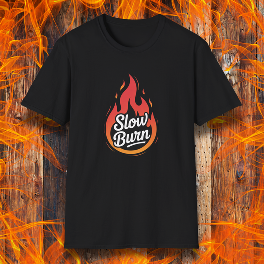 Black t-shirt with 'Slow Burn' design on a fiery background
