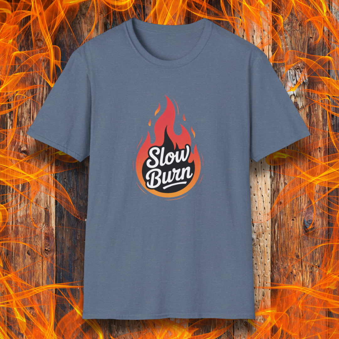 Heather Indigo t-shirt with 'Slow Burn' design on a fiery background