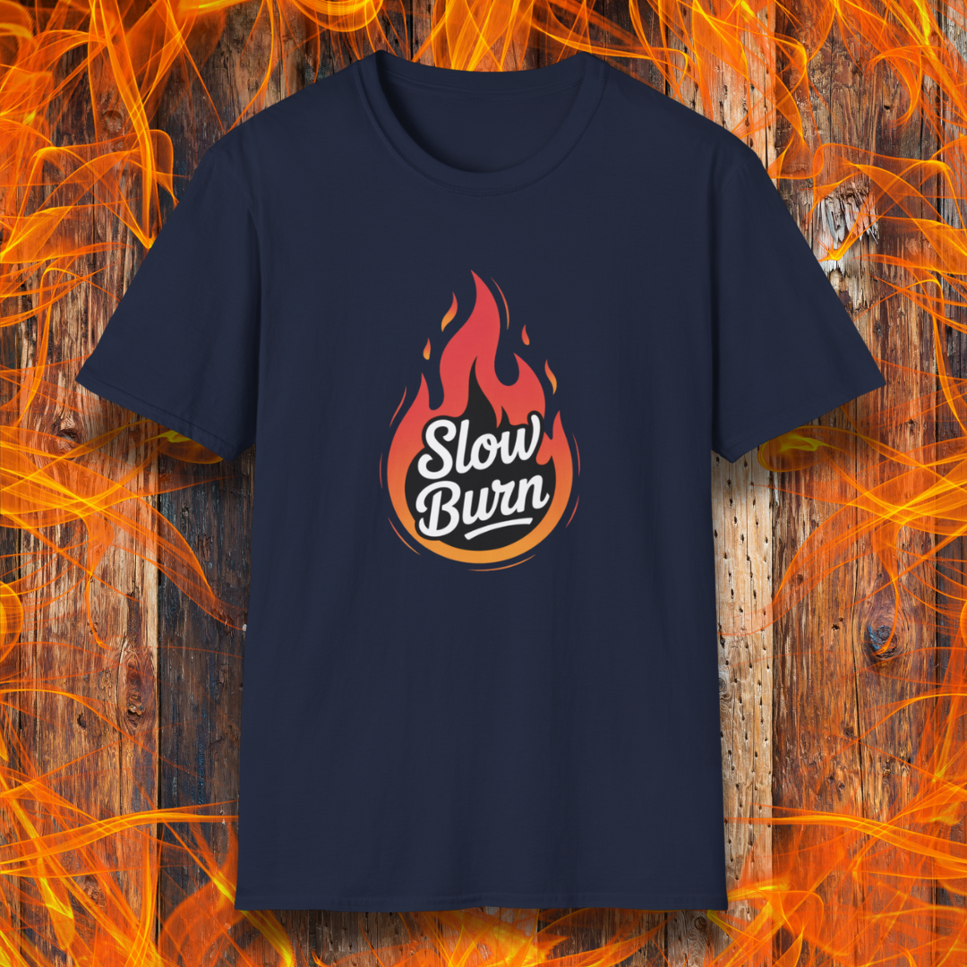 Navy blue t-shirt with 'Slow Burn' design on a fiery background