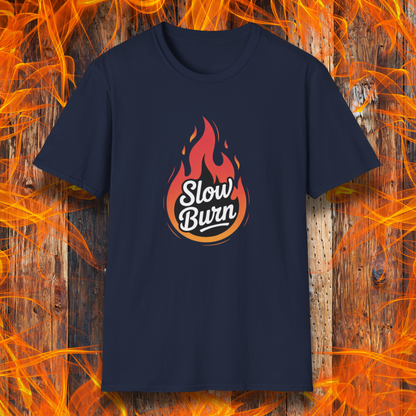 Navy blue t-shirt with 'Slow Burn' design on a fiery background