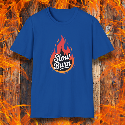 Blue t-shirt with 'Slow Burn' design on a fiery background