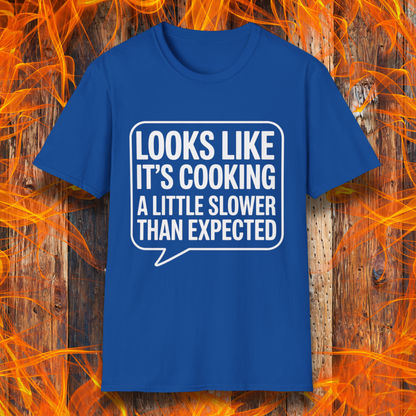Royal Blue T-shirt with white text inside a speech bubble that reads "Looks Like It’s Cooking a Little Slower Than Expected," displayed over a flame and wood background — a humorous BBQ shirt for slow-smoking pros.