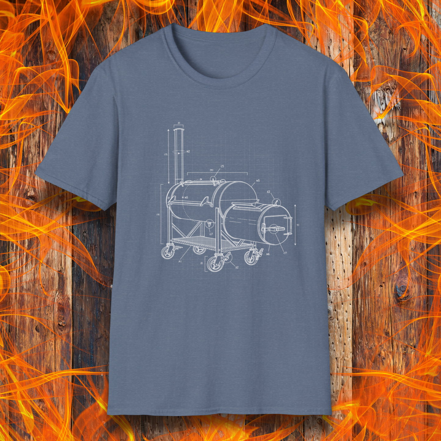 Blue t-shirt with barbecue grill design on a wooden background with flames