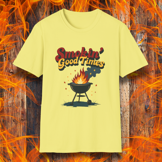 Cornsilk Yellow T-shirt featuring a fun and retro-style design with the phrase "Smokin' Good Times" in bold red and yellow lettering above a classic charcoal grill with flames and smoke rising. Small sparks and decorative elements enhance the playful BBQ-themed aesthetic, making it a perfect choice for grilling enthusiasts who love to bring the heat.