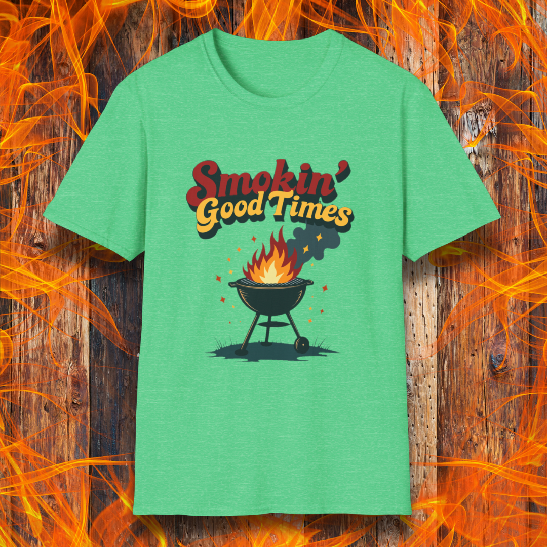 Heather Irish Green T-shirt featuring a fun and retro-style design with the phrase "Smokin' Good Times" in bold red and yellow lettering above a classic charcoal grill with flames and smoke rising. Small sparks and decorative elements enhance the playful BBQ-themed aesthetic, making it a perfect choice for grilling enthusiasts who love to bring the heat.