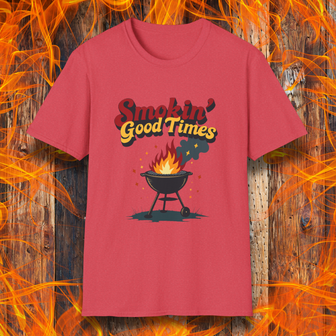 Heather Red T-shirt featuring a fun and retro-style design with the phrase "Smokin' Good Times" in bold red and yellow lettering above a classic charcoal grill with flames and smoke rising. Small sparks and decorative elements enhance the playful BBQ-themed aesthetic, making it a perfect choice for grilling enthusiasts who love to bring the heat.