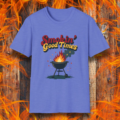 Heather Royal T-shirt featuring a fun and retro-style design with the phrase "Smokin' Good Times" in bold red and yellow lettering above a classic charcoal grill with flames and smoke rising. Small sparks and decorative elements enhance the playful BBQ-themed aesthetic, making it a perfect choice for grilling enthusiasts who love to bring the heat.