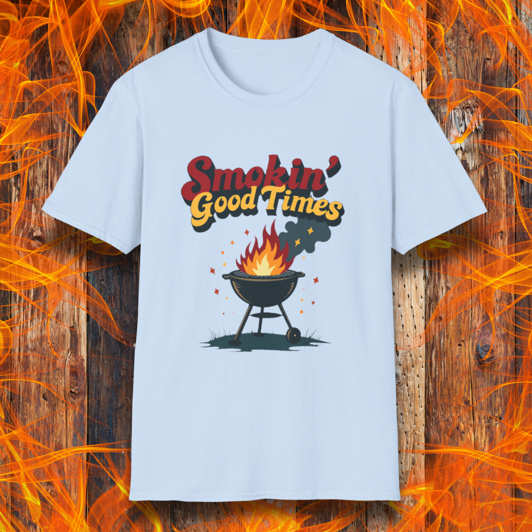 Light Blue T-shirt featuring a fun and retro-style design with the phrase "Smokin' Good Times" in bold red and yellow lettering above a classic charcoal grill with flames and smoke rising. Small sparks and decorative elements enhance the playful BBQ-themed aesthetic, making it a perfect choice for grilling enthusiasts who love to bring the heat.