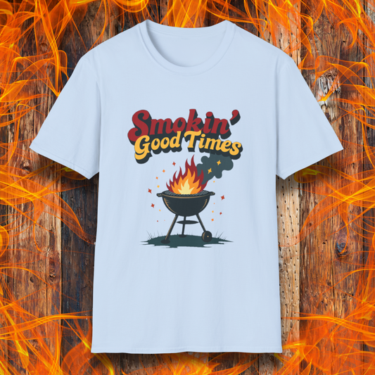 Light Blue T-shirt featuring a fun and retro-style design with the phrase "Smokin' Good Times" in bold red and yellow lettering above a classic charcoal grill with flames and smoke rising. Small sparks and decorative elements enhance the playful BBQ-themed aesthetic, making it a perfect choice for grilling enthusiasts who love to bring the heat.