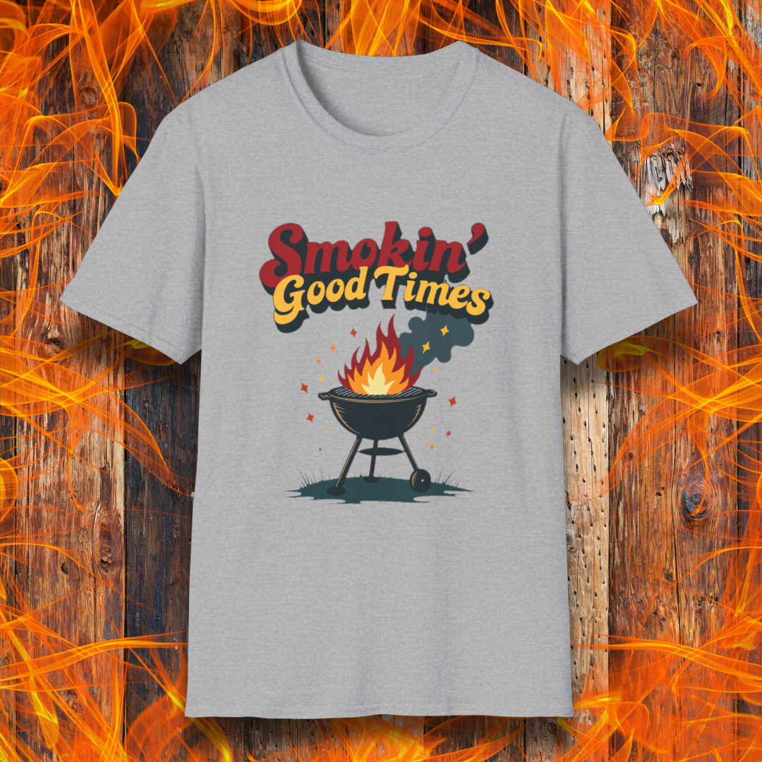 Sport Grey T-shirt featuring a fun and retro-style design with the phrase "Smokin' Good Times" in bold red and yellow lettering above a classic charcoal grill with flames and smoke rising. Small sparks and decorative elements enhance the playful BBQ-themed aesthetic, making it a perfect choice for grilling enthusiasts who love to bring the heat.