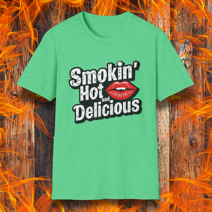 Heather Irish Green t-shirt featuring bold white text that reads 'Smokin' Hot and Delicious,' with a red lips graphic replacing the 'o' in 'Hot' for a fun, flirty BBQ-inspired design