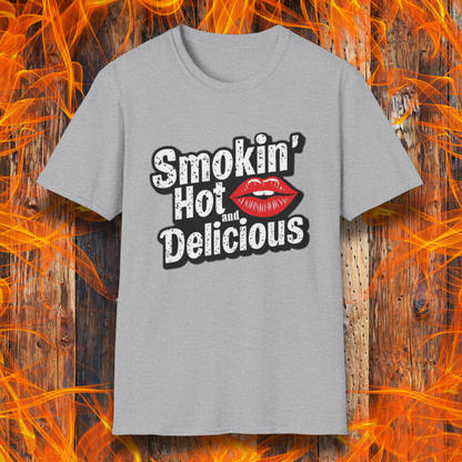 Sport Grey t-shirt featuring bold white text that reads 'Smokin' Hot and Delicious,' with a red lips graphic replacing the 'o' in 'Hot' for a fun, flirty BBQ-inspired design