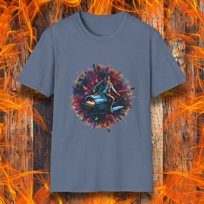 Heather Indigo T-shirt featuring a striking design of a cowboy riding a futuristic, rocket-powered barbecue smoker. The artwork is set against an explosive, colorful cosmic backdrop, blending elements of Western and sci-fi themes for a bold grilling statement.