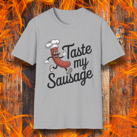 Sport Grey “Taste My Sausage” tee! Featuring a cheeky cartoon sausage in a chef hat, it’s perfect for grill masters who like their humor served hot.