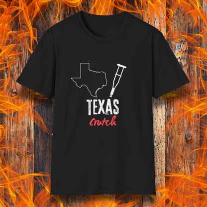 Black T-shirt featuring a 'Texas Crutch' design with an outline of Texas and a crutch graphic. Perfect for BBQ pitmasters who know the secret to tender smoked meat