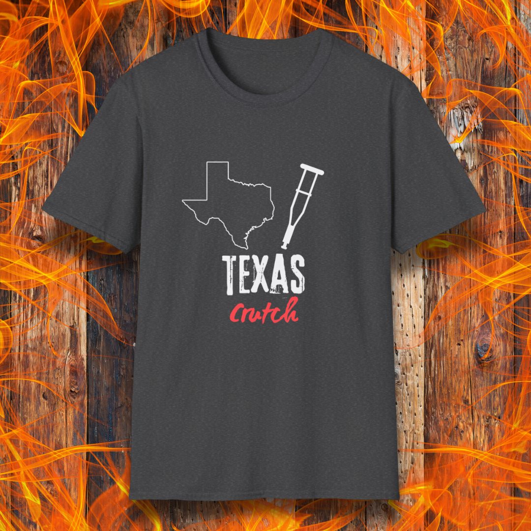 Dark Heather T-shirt featuring a 'Texas Crutch' design with an outline of Texas and a crutch graphic. Perfect for BBQ pitmasters who know the secret to tender smoked meat