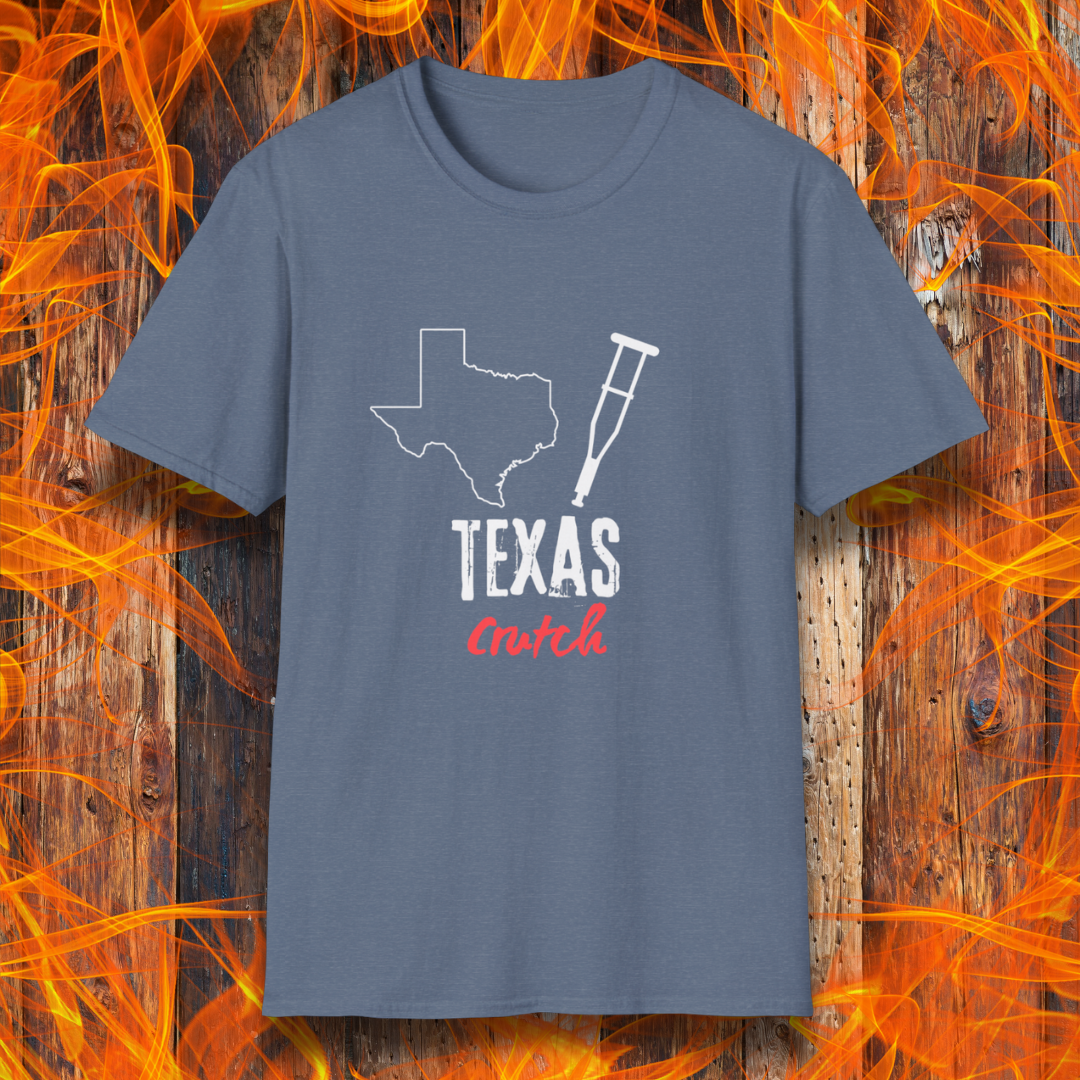 Heather Indigo T-shirt featuring a 'Texas Crutch' design with an outline of Texas and a crutch graphic. Perfect for BBQ pitmasters who know the secret to tender smoked meat