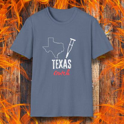 Heather Indigo T-shirt featuring a 'Texas Crutch' design with an outline of Texas and a crutch graphic. Perfect for BBQ pitmasters who know the secret to tender smoked meat