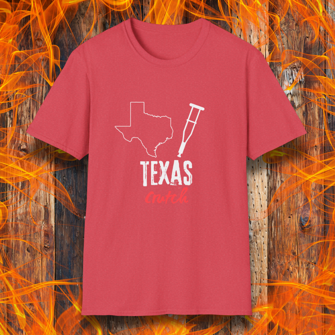 Heather Red T-shirt featuring a 'Texas Crutch' design with an outline of Texas and a crutch graphic. Perfect for BBQ pitmasters who know the secret to tender smoked meat