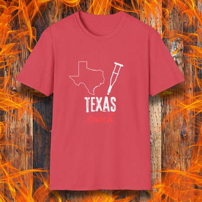 Heather Red T-shirt featuring a 'Texas Crutch' design with an outline of Texas and a crutch graphic. Perfect for BBQ pitmasters who know the secret to tender smoked meat