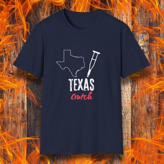 Navy T-shirt featuring a 'Texas Crutch' design with an outline of Texas and a crutch graphic. Perfect for BBQ pitmasters who know the secret to tender smoked meat