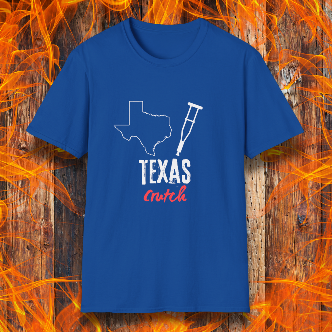 Royal Blue T-shirt featuring a 'Texas Crutch' design with an outline of Texas and a crutch graphic. Perfect for BBQ pitmasters who know the secret to tender smoked meat