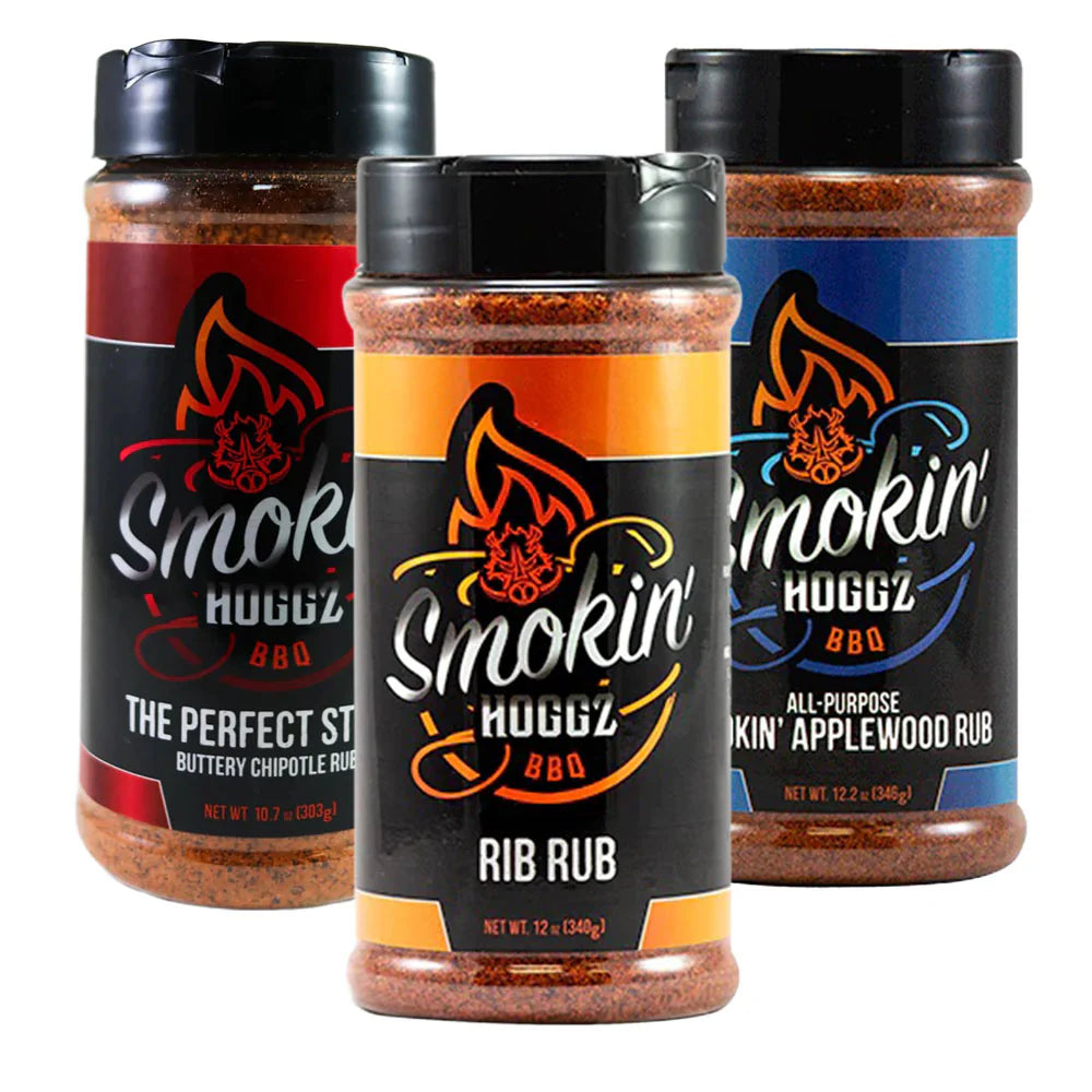 Image of three bottles of Smokin' Hoggz barbecue and grilling seasoning
