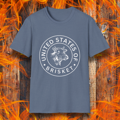 Heather Indigo T-shirt featuring a bold circular emblem with a detailed cow head illustration and the phrase 'United States of Brisket.' Perfect for BBQ lovers and brisket enthusiasts who take their grilling seriously.